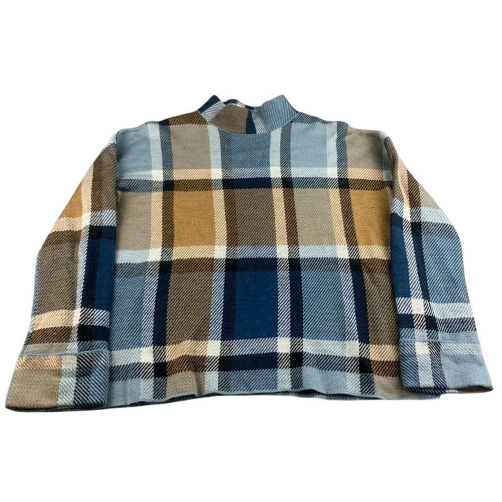 Warehouse‎ Sweater Women L Plaid Mock Neck Boxy Blue Brown Acrylic Wool Blend